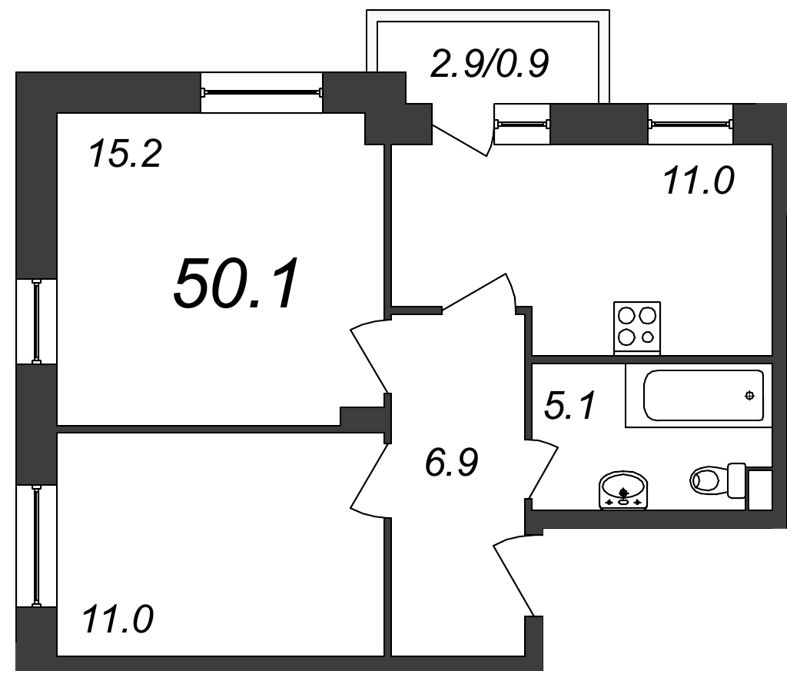 2-комнатная, 50 м²
