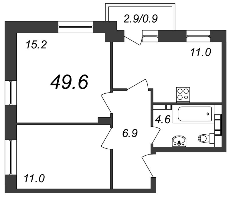 2-комнатная, 50 м²