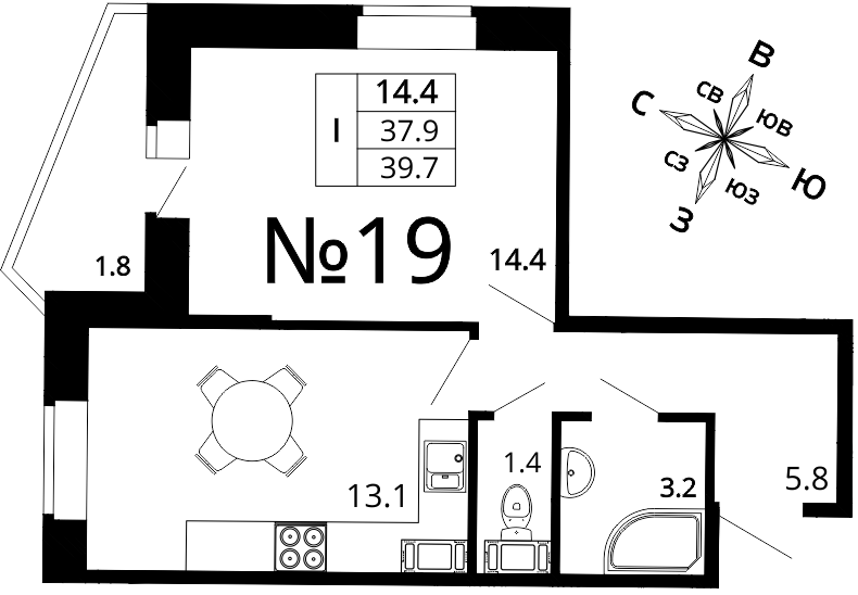 1-комнатная, 40 м²