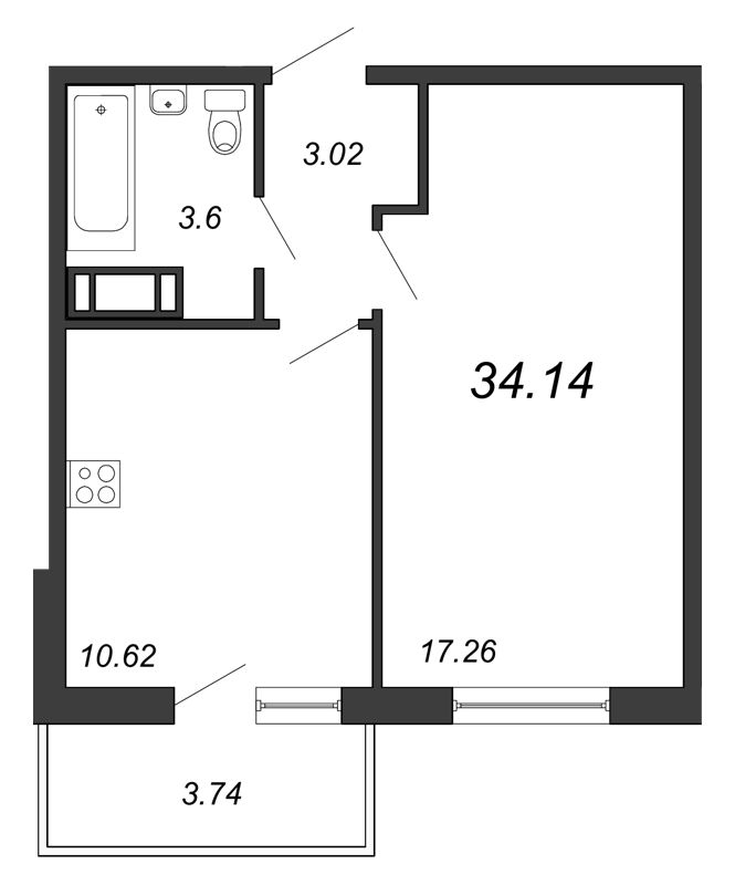 1-комнатная, 34 м²