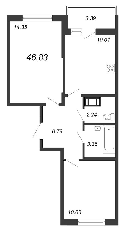 2-комнатная, 47 м²