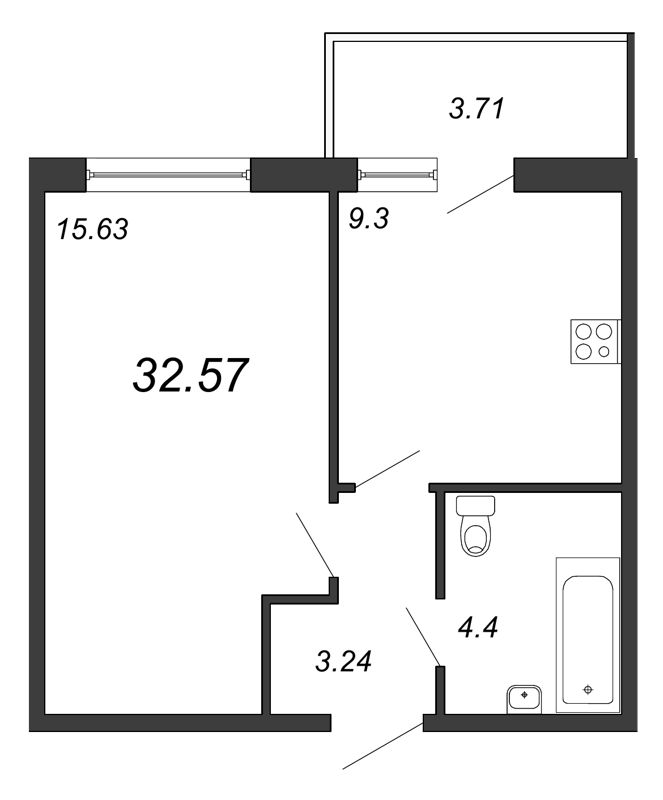 1-комнатная, 33 м²