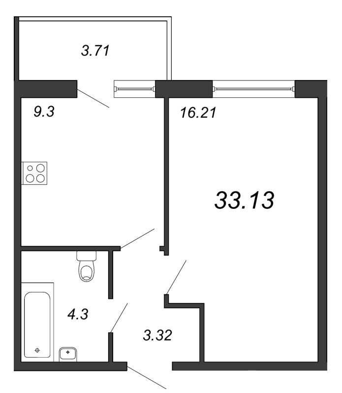 1-комнатная, 33 м²