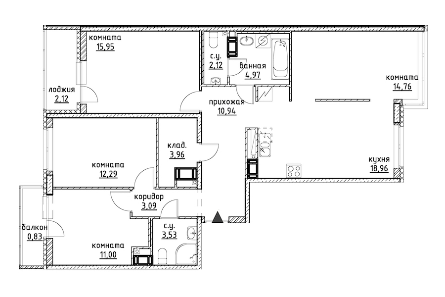 4-комнатная, 105 м²