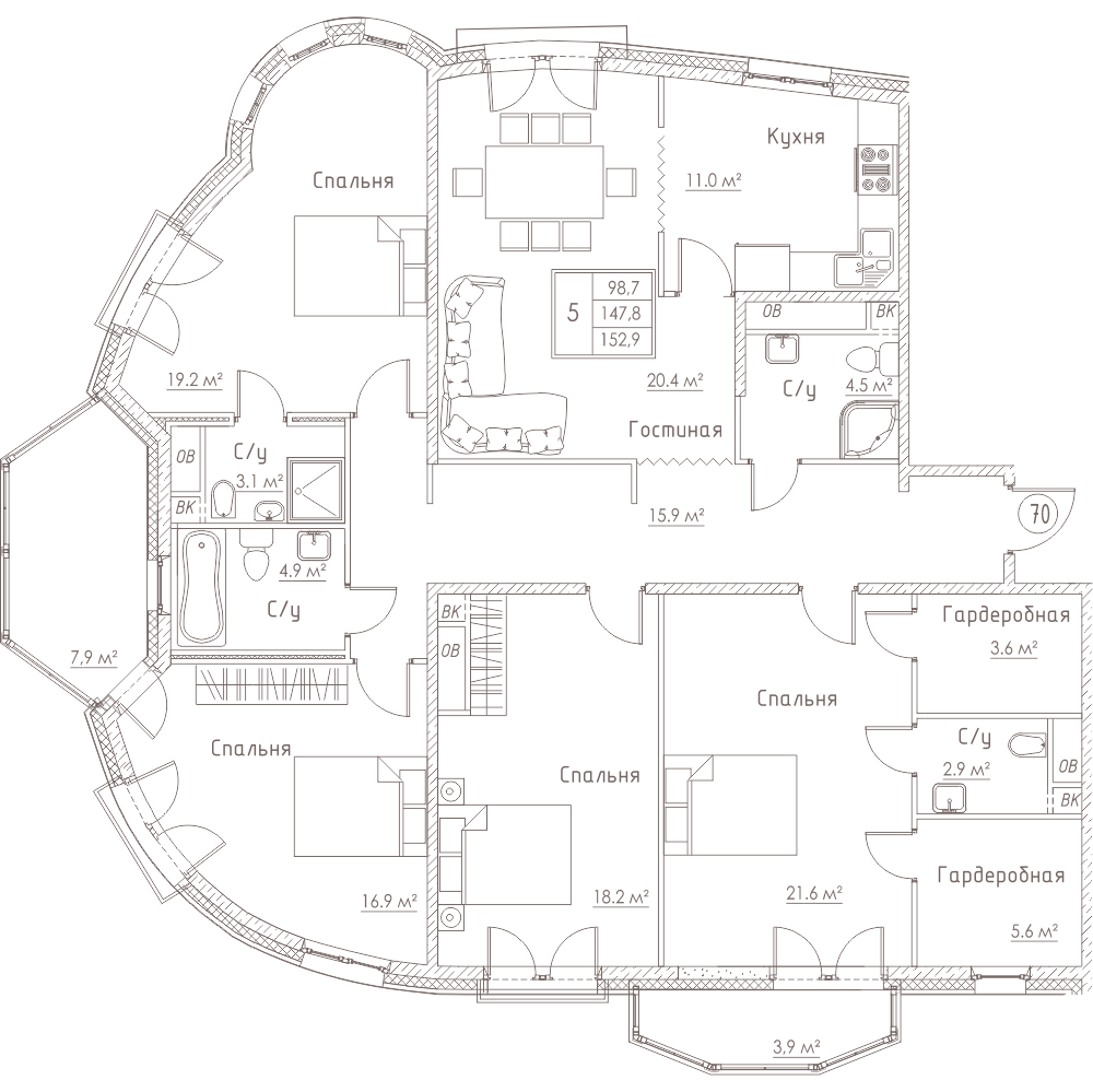 5-комнатная, 153 м²