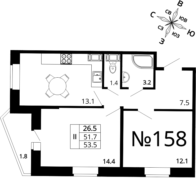2-комнатная, 54 м²