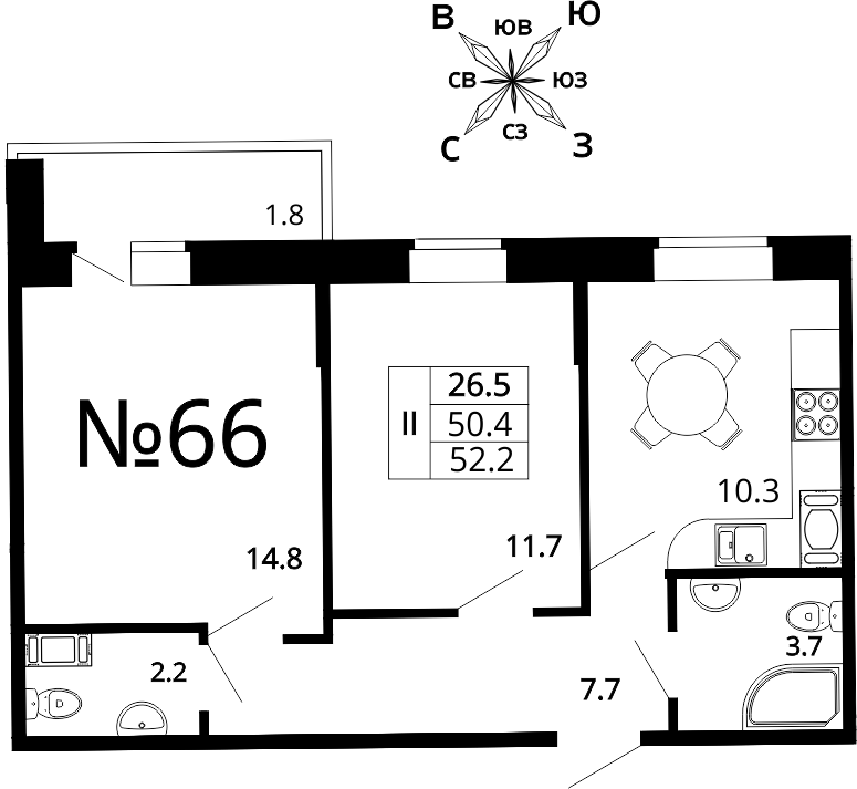 2-комнатная, 52 м²