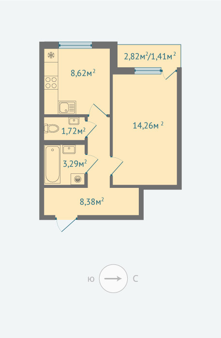 1-комнатная, 38 м²