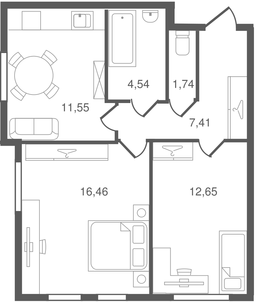 2-комнатная, 54 м²