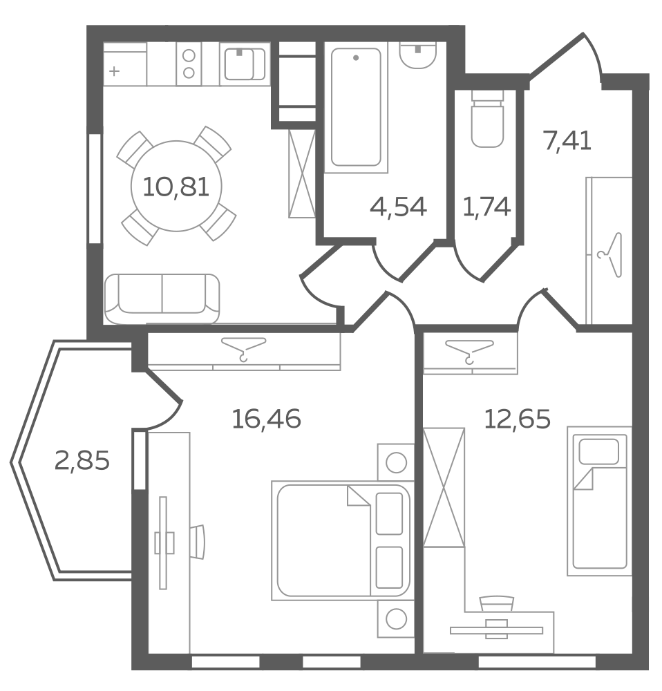 2-комнатная, 55 м²