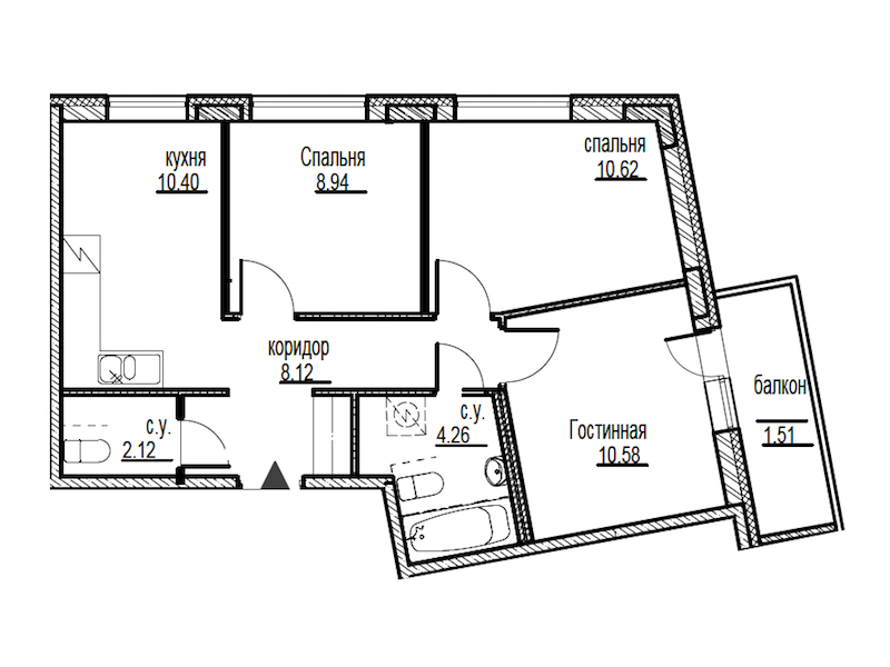 3-комнатная, 57 м²