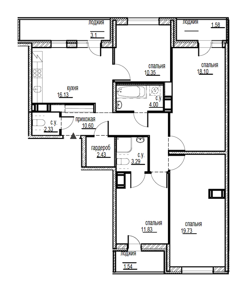 4-комнатная, 105 м²