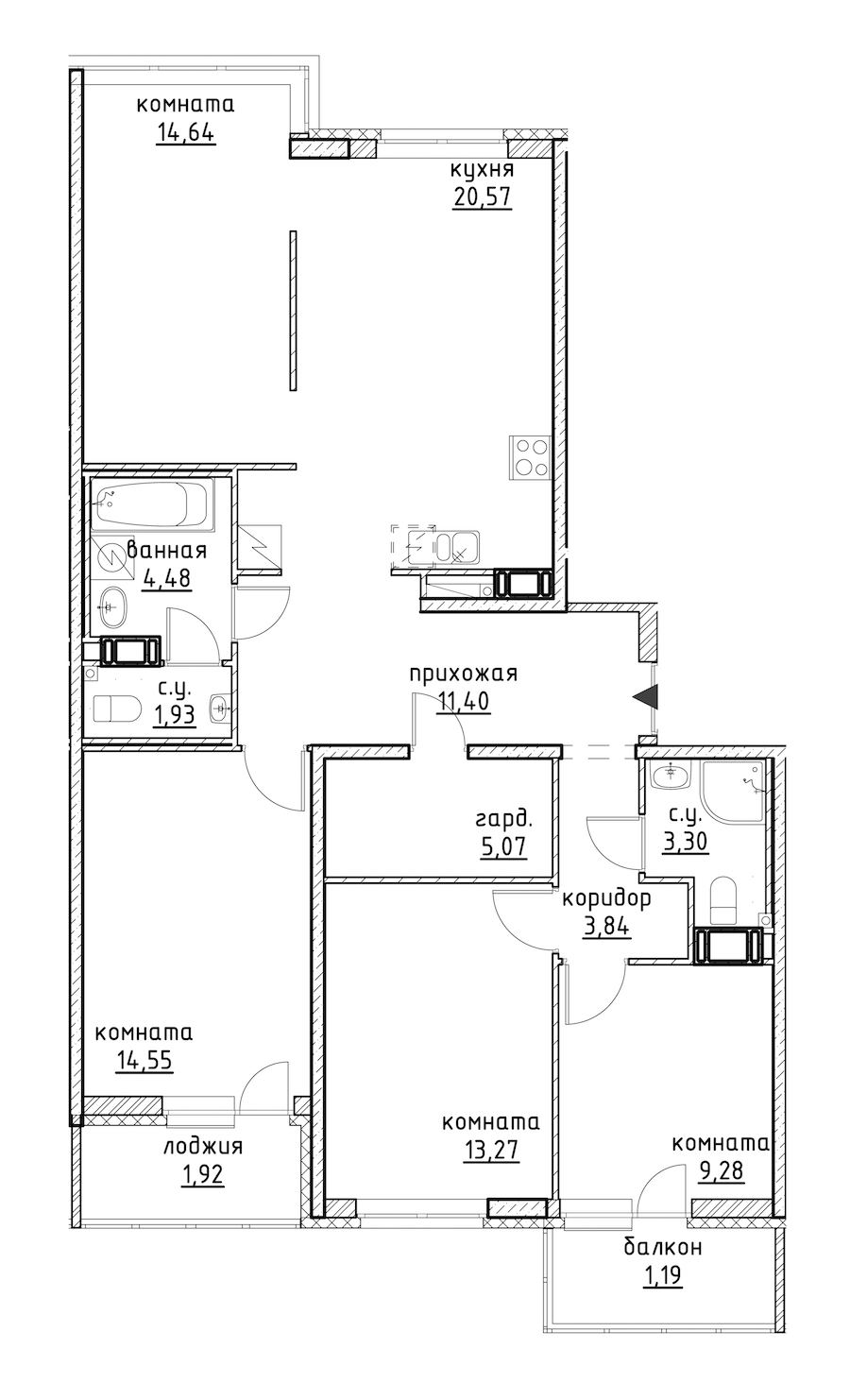 4-комнатная, 105 м²