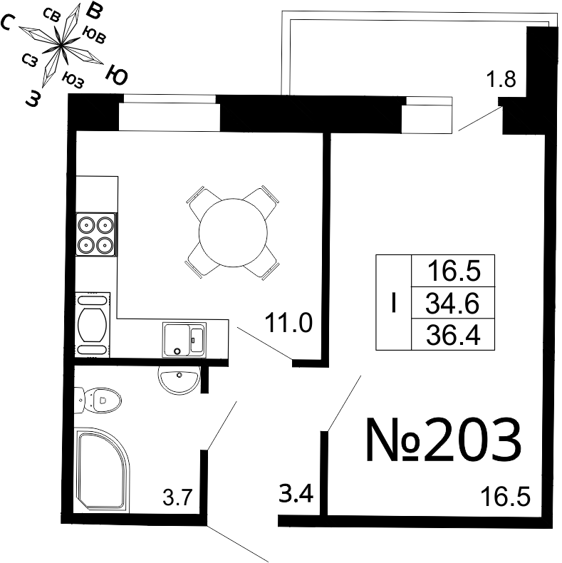 1-комнатная, 36 м²