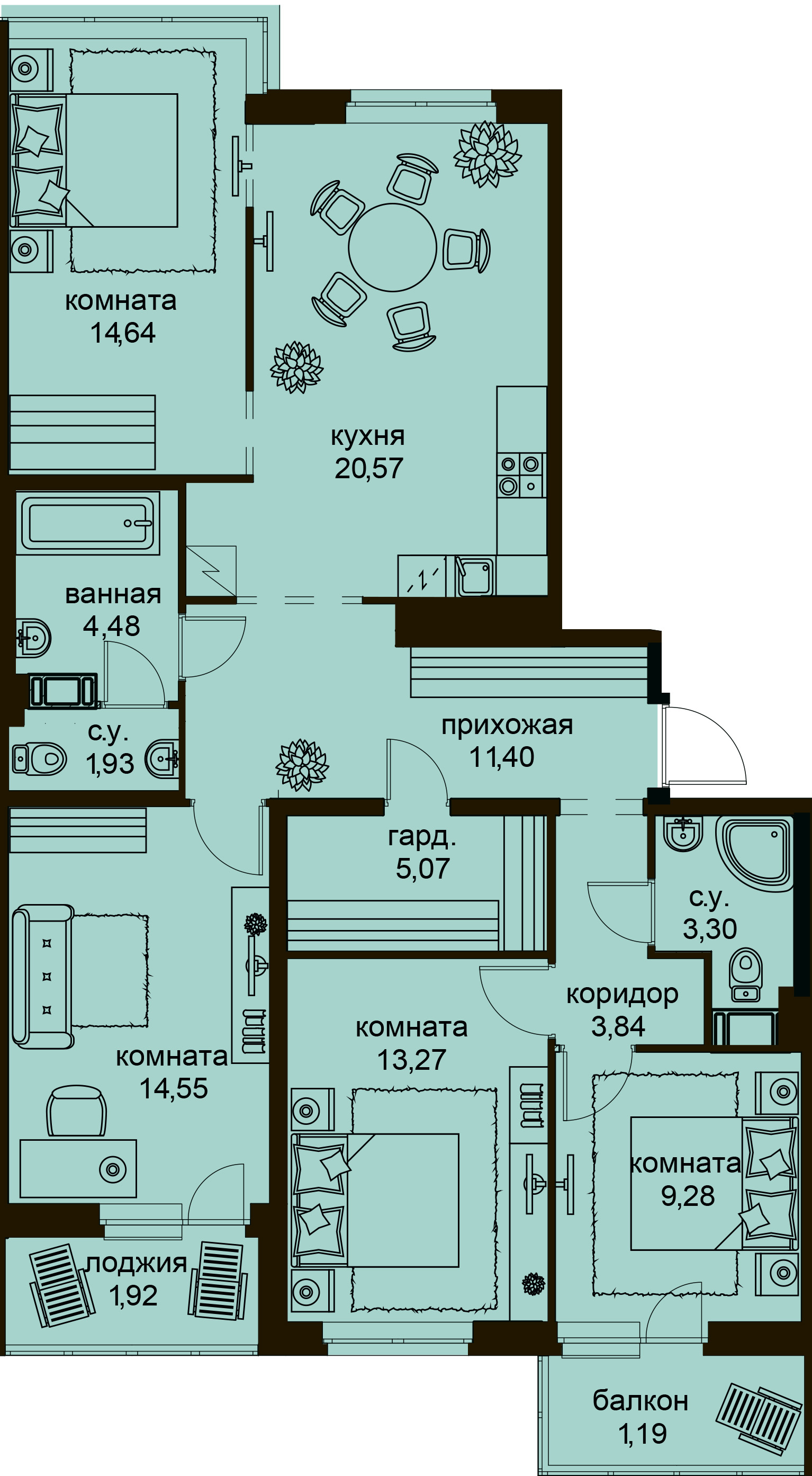 4-комнатная, 105 м²