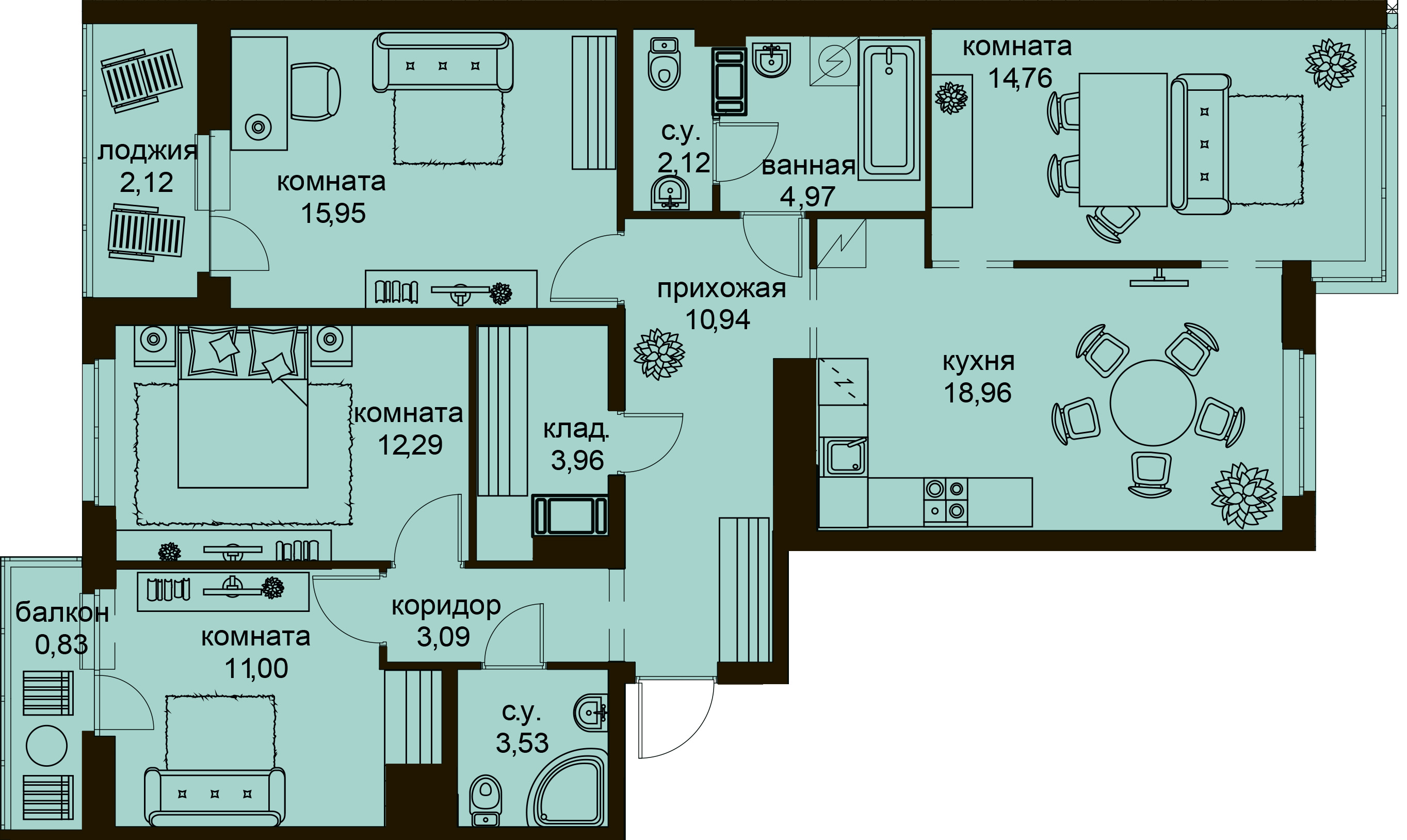4-комнатная, 105 м²