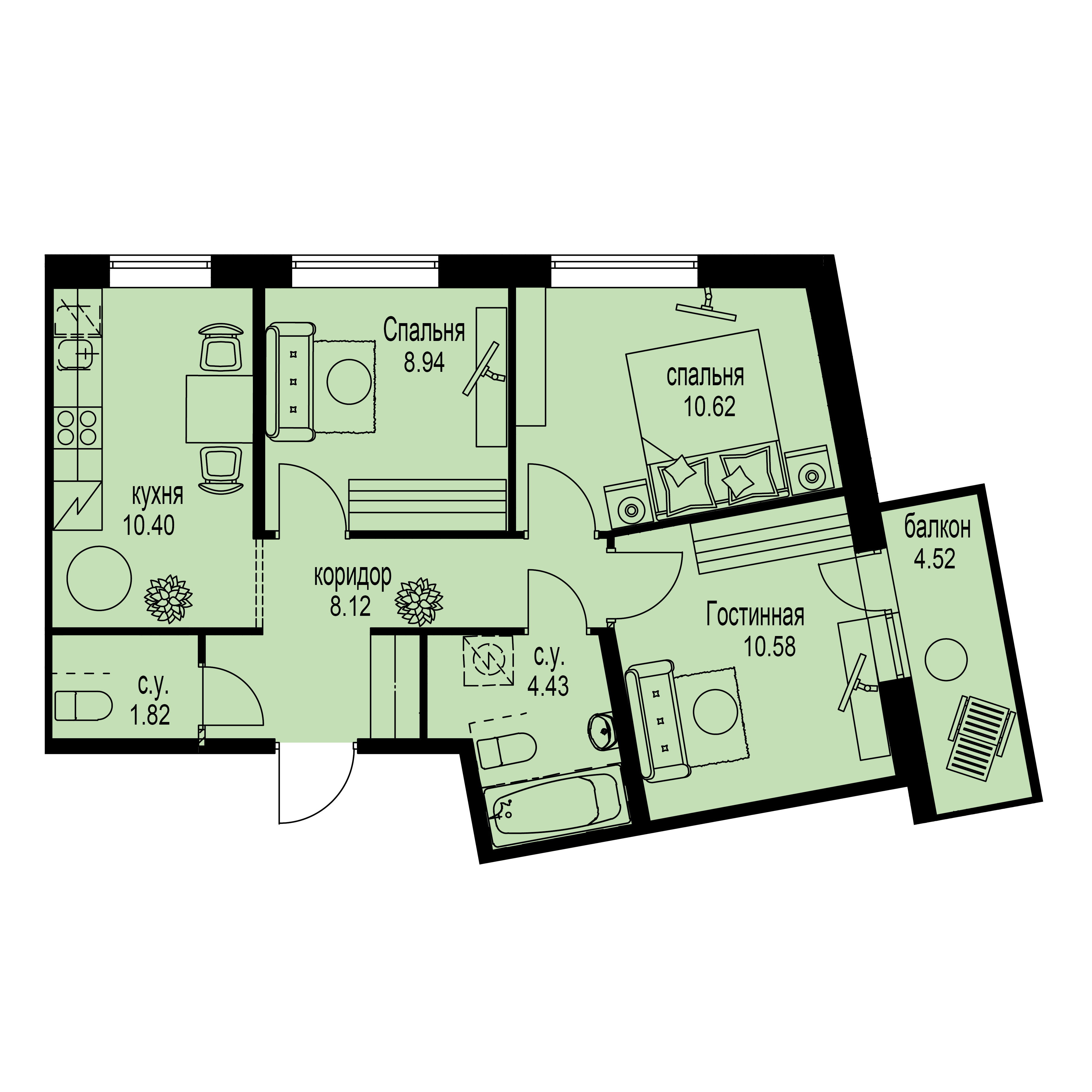 3-комнатная, 57 м²