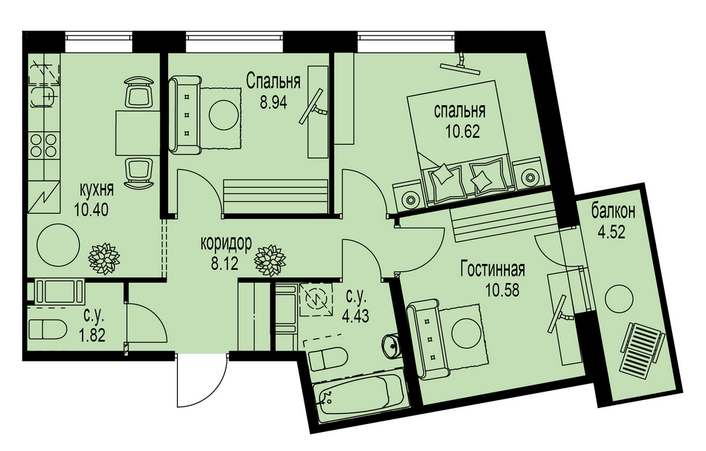 3-комнатная, 56 м²