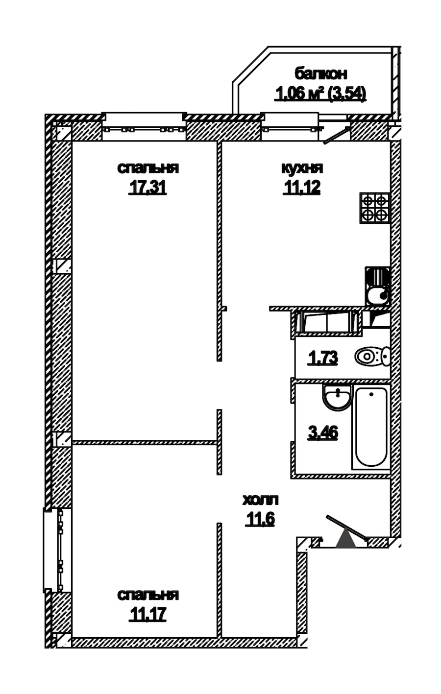 2-комнатная, 58 м²