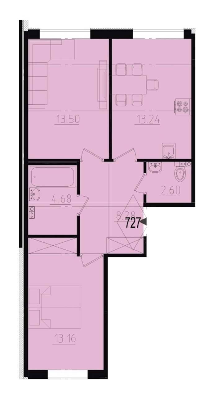 2-комнатная, 55 м²