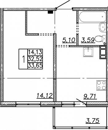 1-комнатная, 34 м²