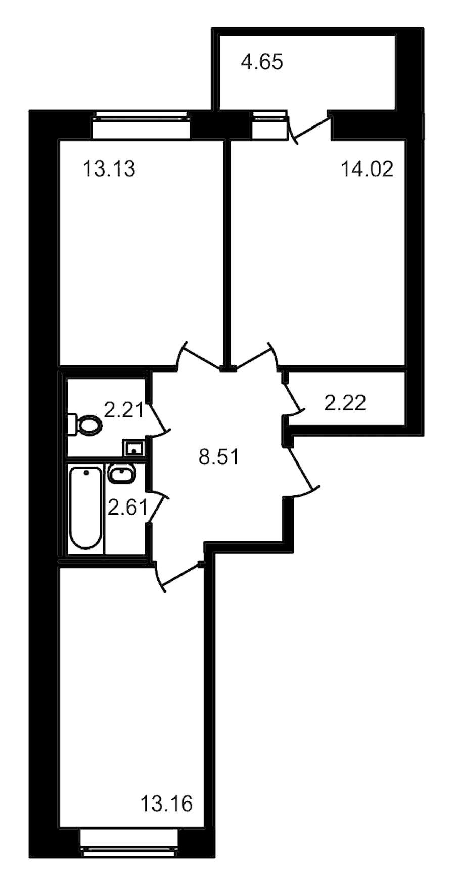 2-комнатная, 61 м²
