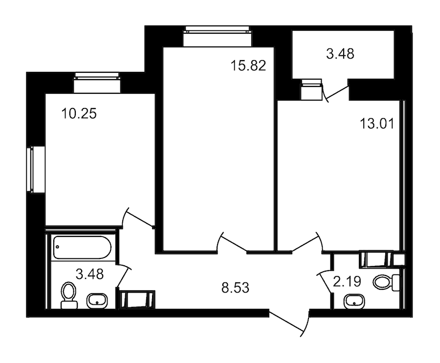 2-комнатная, 57 м²