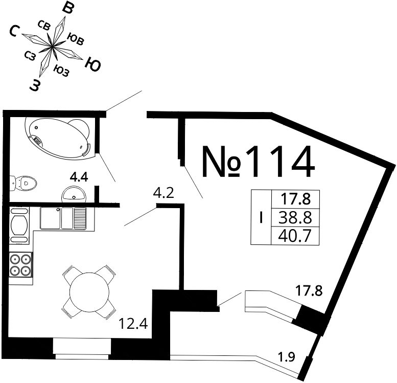 1-комнатная, 41 м²