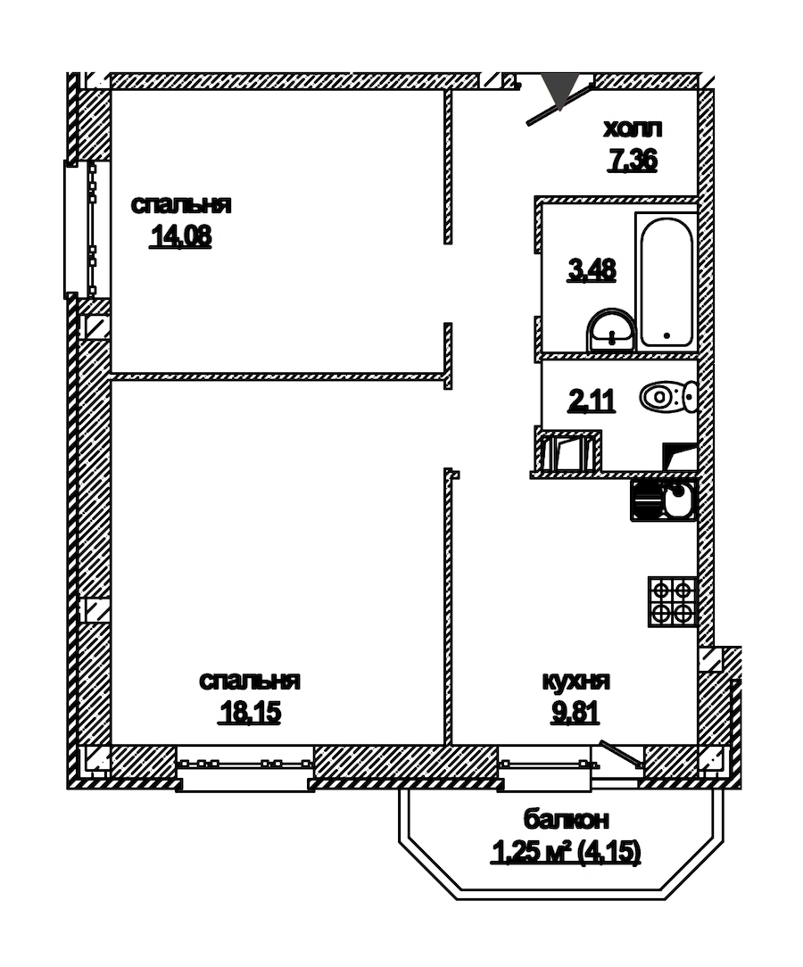 2-комнатная, 57 м²