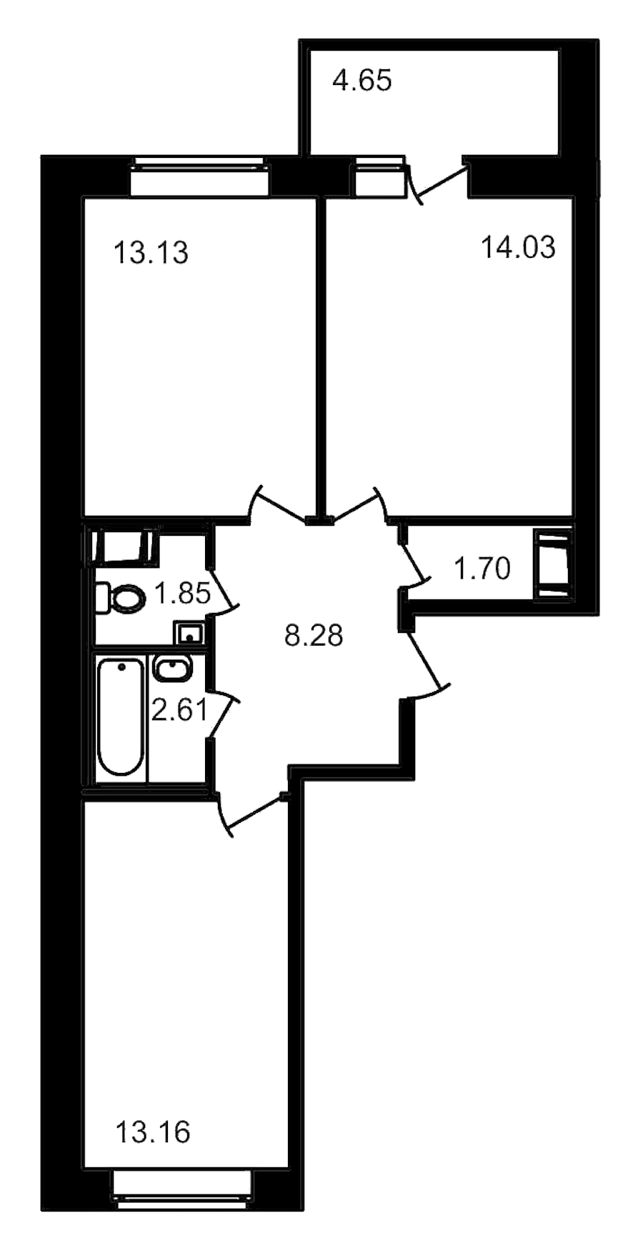 2-комнатная, 59 м²