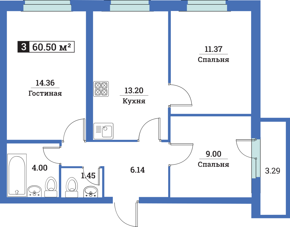 3-комнатная, 61 м²