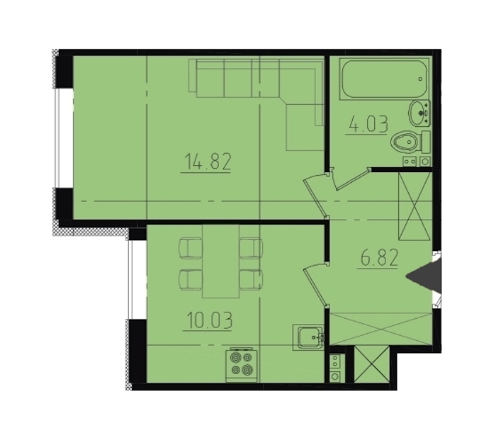 1-комнатная, 36 м²
