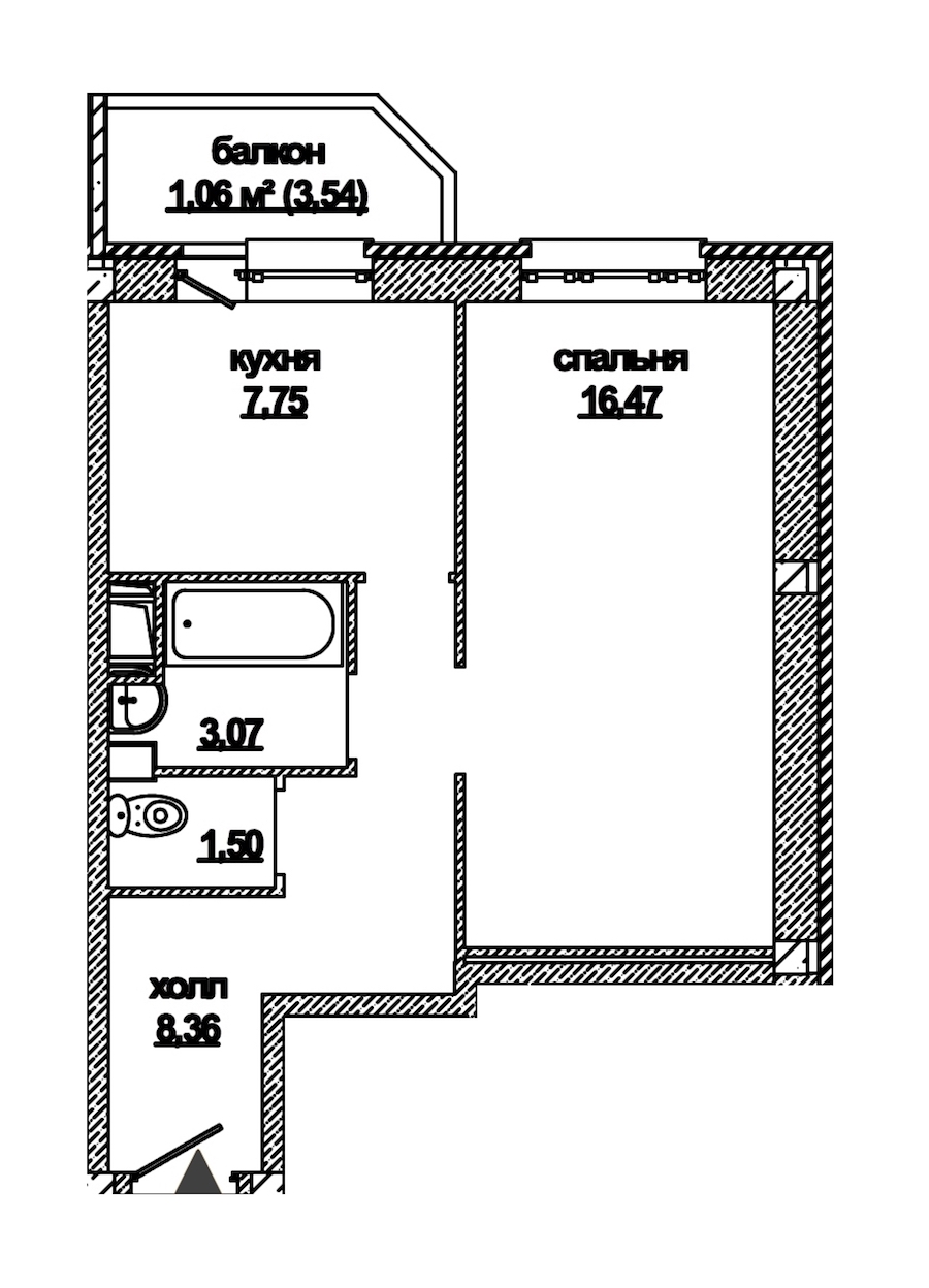 1-комнатная, 38 м²