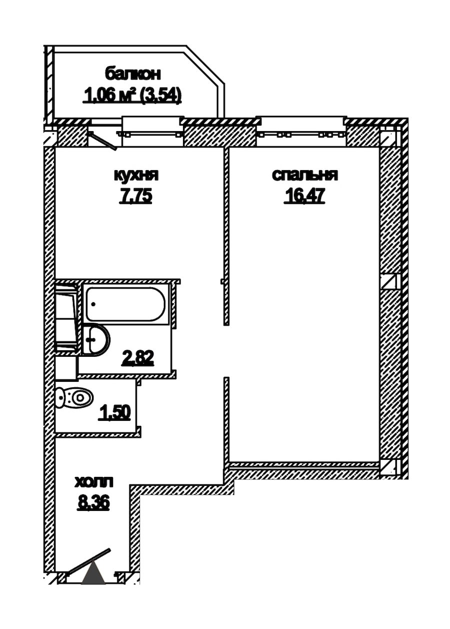 1-комнатная, 39 м²
