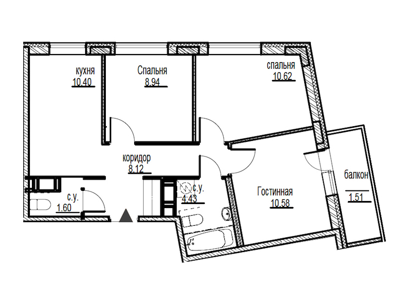 3-комнатная, 56 м²