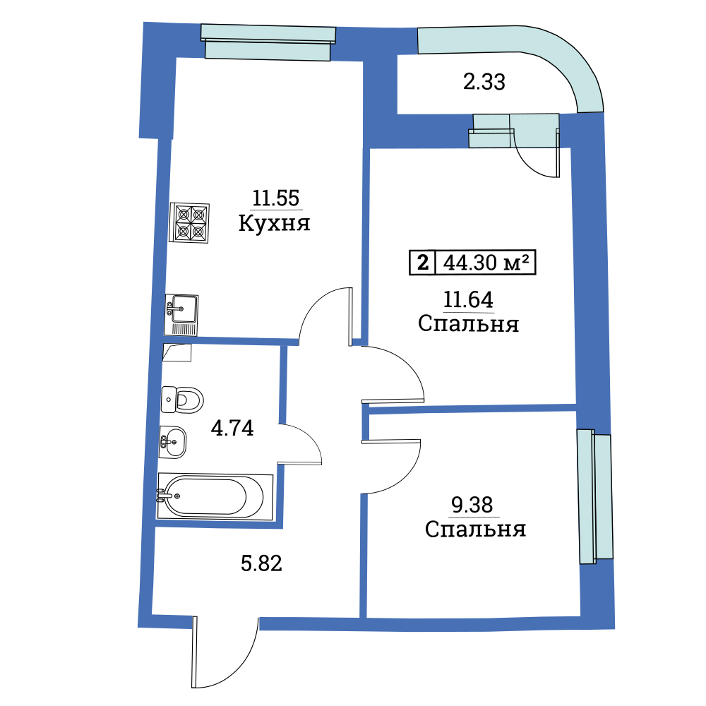 2-комнатная, 44 м²
