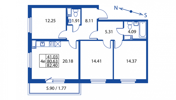 4-комнатная, 82 м²