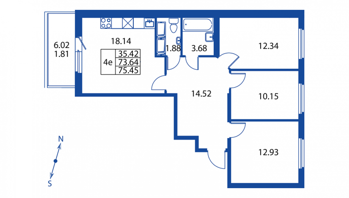 4-комнатная, 75 м²